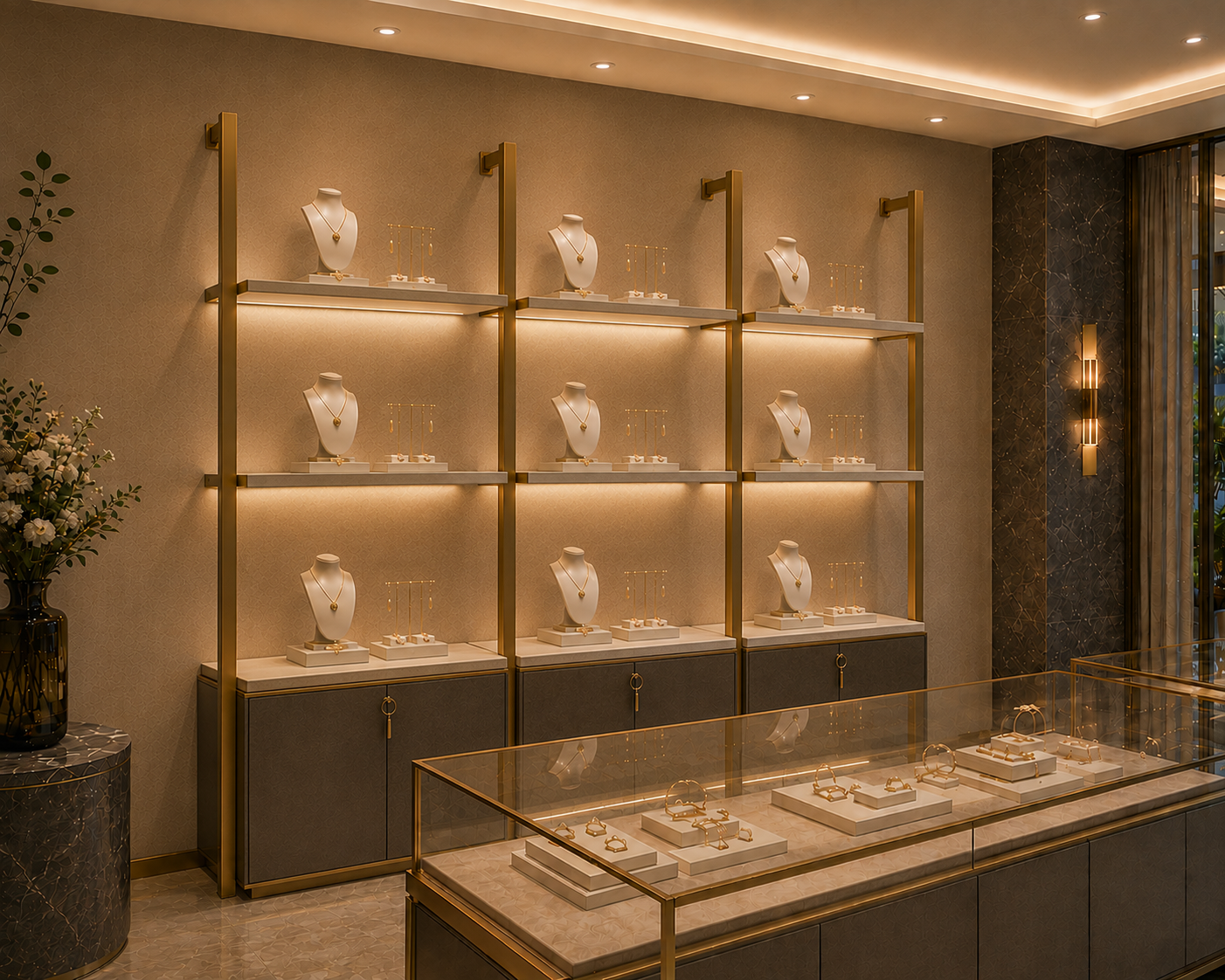 Sistema modular para boutique ou joalheria com colunas douradas e prateleiras