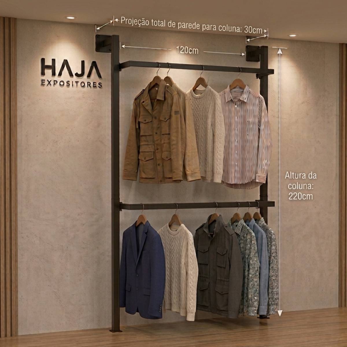 Estrutura modular de parede com 2 colunas de 220cm e 2 araras simples com roupas penduradas